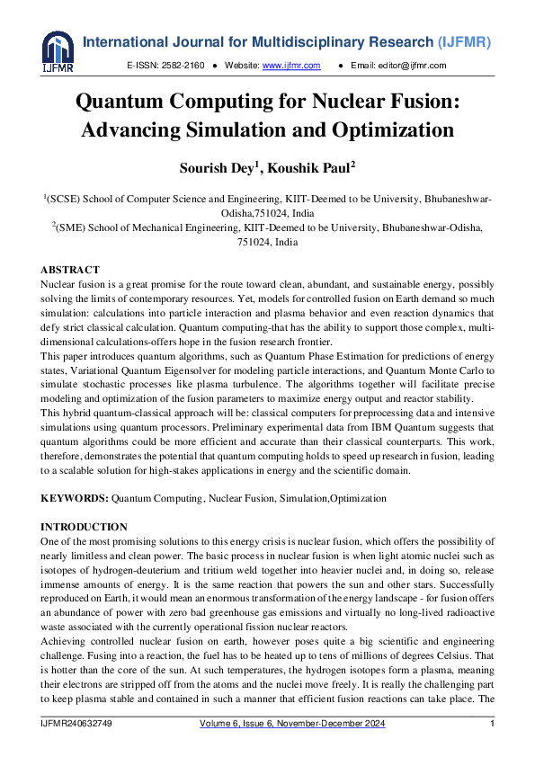 (PDF) Quantum Computing for Nuclear Fusion: Advancing Simulation and ...