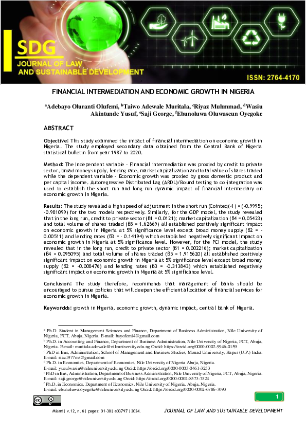 (PDF) FINANCIAL INTERMEDIATION AND ECONOMIC GROWTH IN NIGERIA