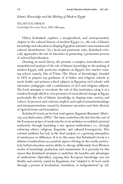 (PDF) Islamic Knowledge and the Making of Modern Egypt (by Hilary Kalmbach)