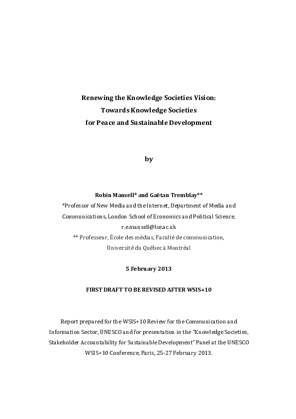 (PDF) Renewing the Knowledge Societies Vision for Peace and Sustainable ...