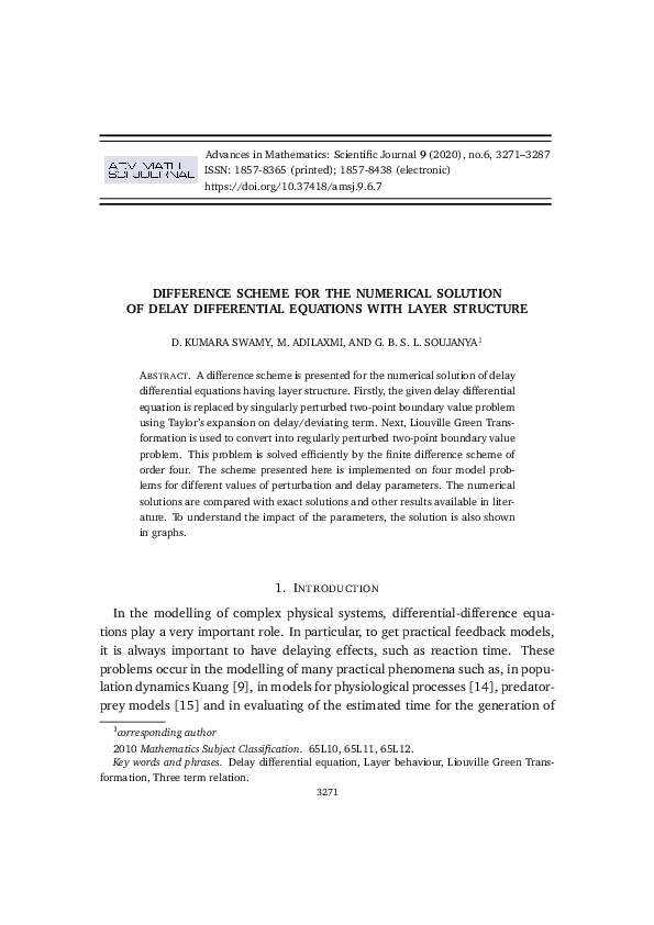 (PDF) Difference Scheme for the Numerical Solution of Delay ...