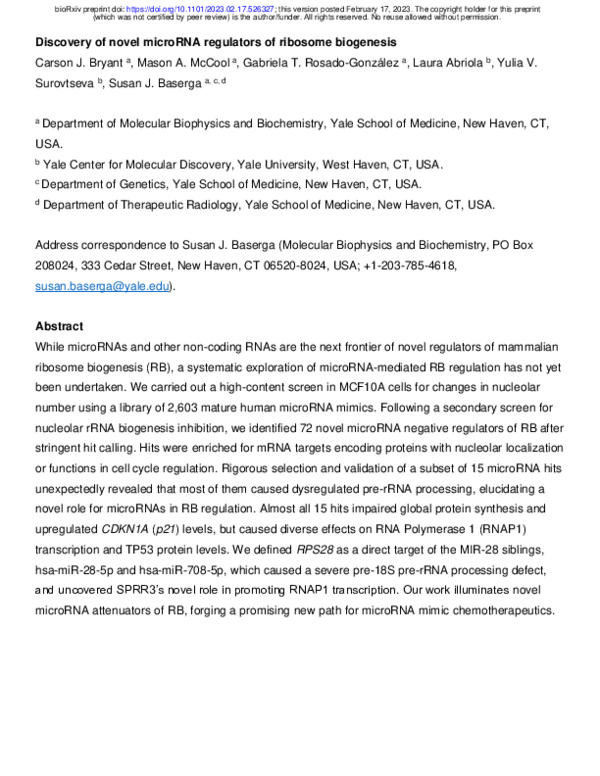 (PDF) Discovery of novel microRNA regulators of ribosome biogenesis
