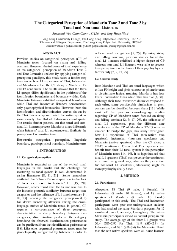 (PDF) The Categorical Perception of Mandarin Tone 2 and Tone 3 by Tonal ...