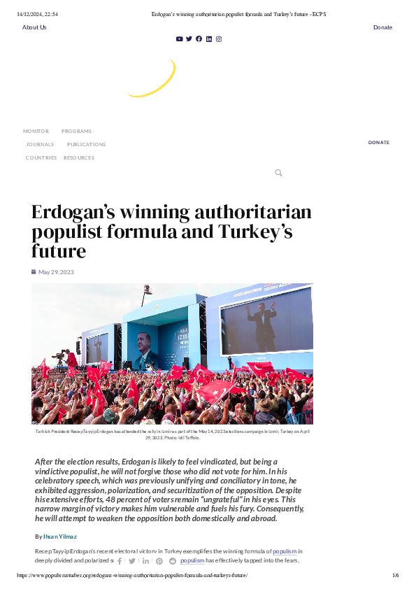 (PDF) Erdogan's winning authoritarian populist formula and Turkey's future