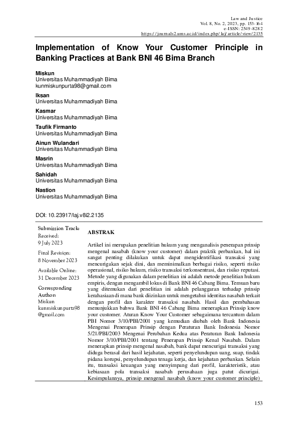 (PDF) Implementation of Know Your Customer Principle in Banking ...