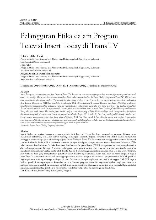 (PDF) Pelanggaran Etika dalam Program Televisi Insert Today di Trans TV