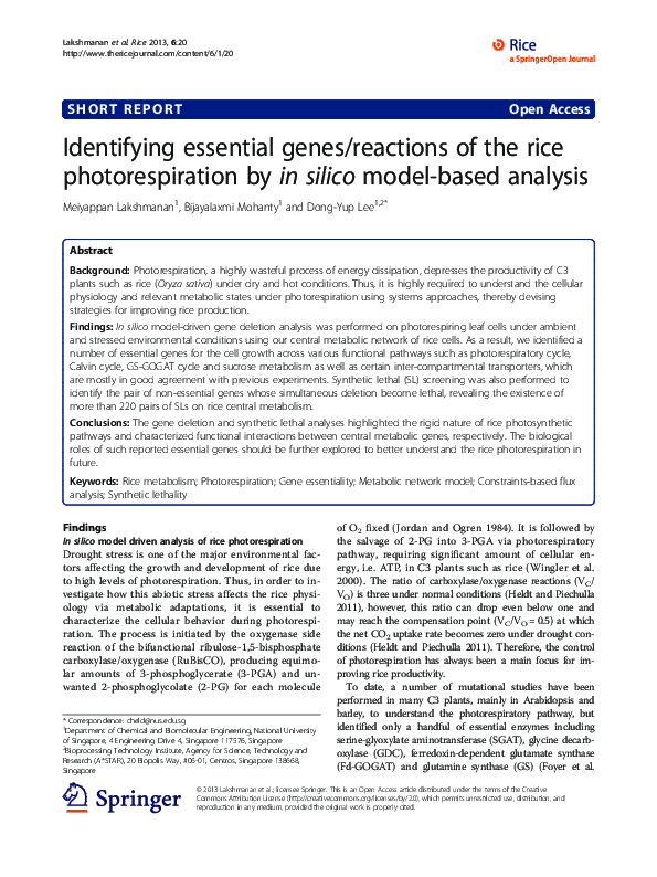 (PDF) Identifying essential genes/reactions of the rice ...