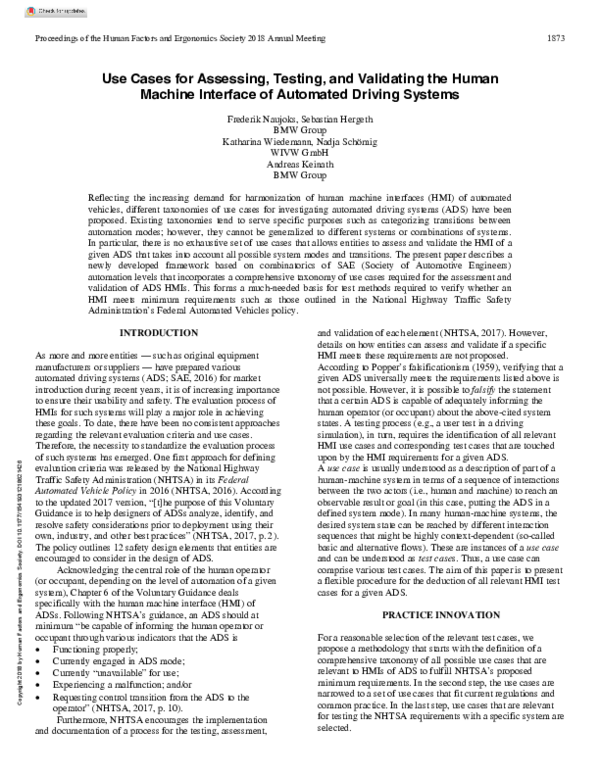 (PDF) Use Cases for Assessing, Testing, and Validating the Human ...