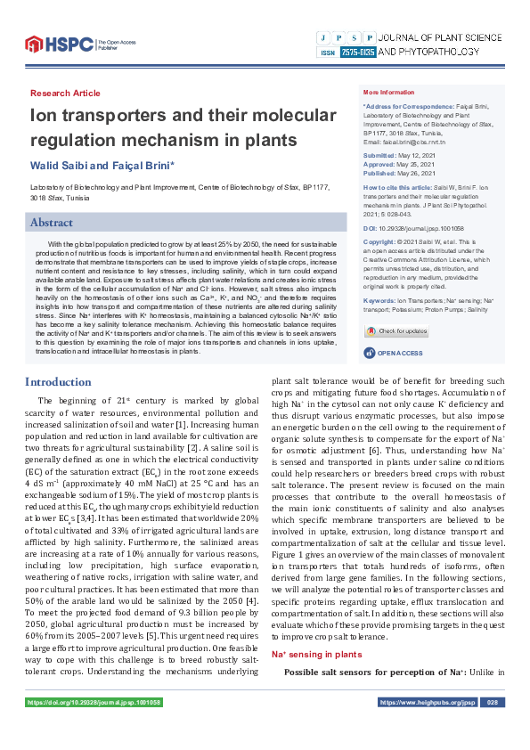 (PDF) Ion transporters and their molecular regulation mechanism in plants