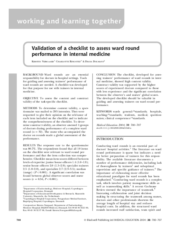 (PDF) Validation of a checklist to assess ward round performance in ...