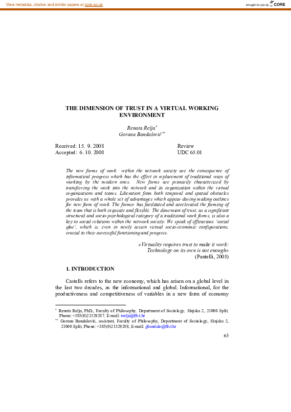 (PDF) The Dimension of Trust in a Virtual Working Environment