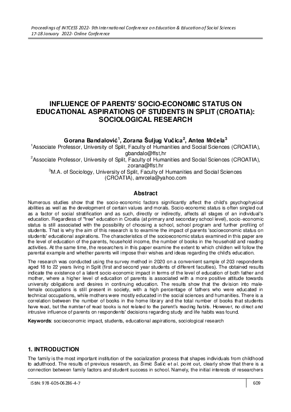 (PDF) Influence of Parents' Socio-Economic Status on Educational ...