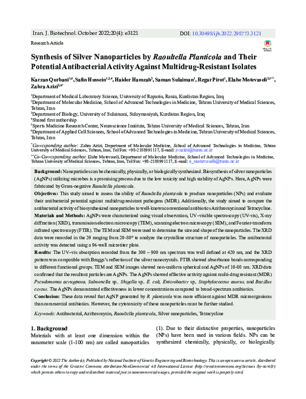 (PDF) Synthesis of Silver Nanoparticles by Raoultella Planticola and ...