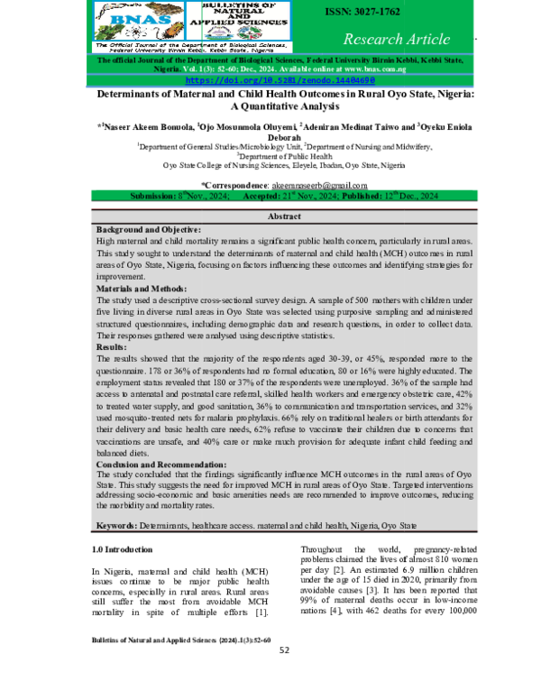 (PDF) Determinants of Maternal and Child Health Outcomes in Rural Oyo ...