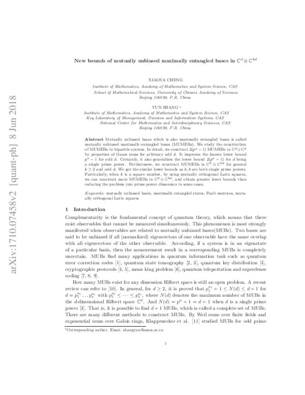 (PDF) New bounds of Mutually unbiased maximally entangled bases in C ...