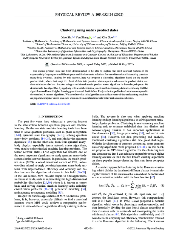 (PDF) Clustering using matrix product states