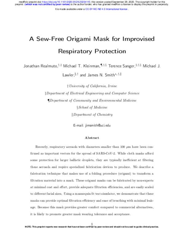 (PDF) A Sew-Free Origami Mask for Improvised Respiratory Protection