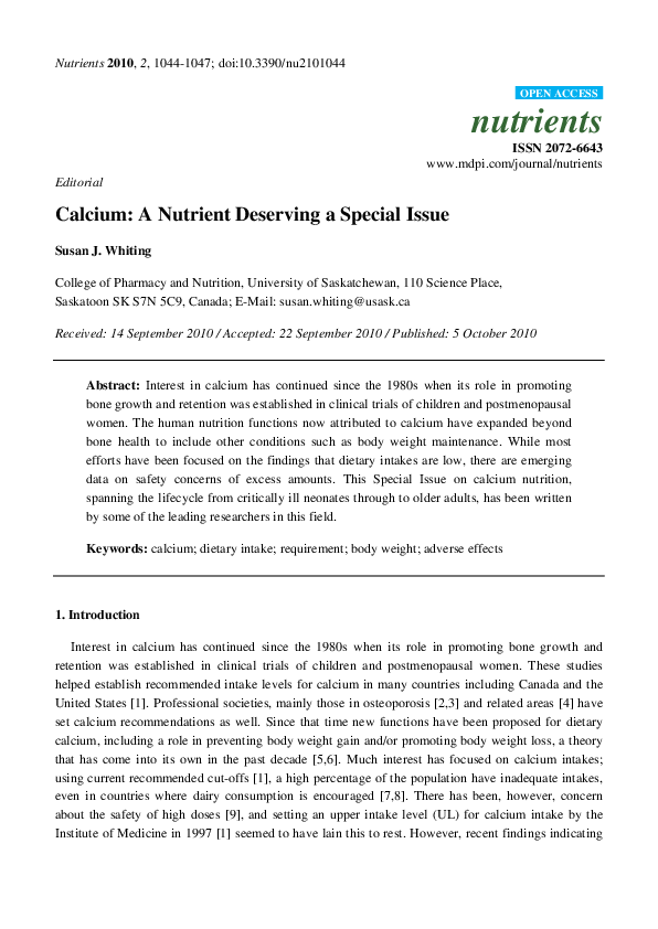 (PDF) Calcium: A Nutrient Deserving a Special Issue