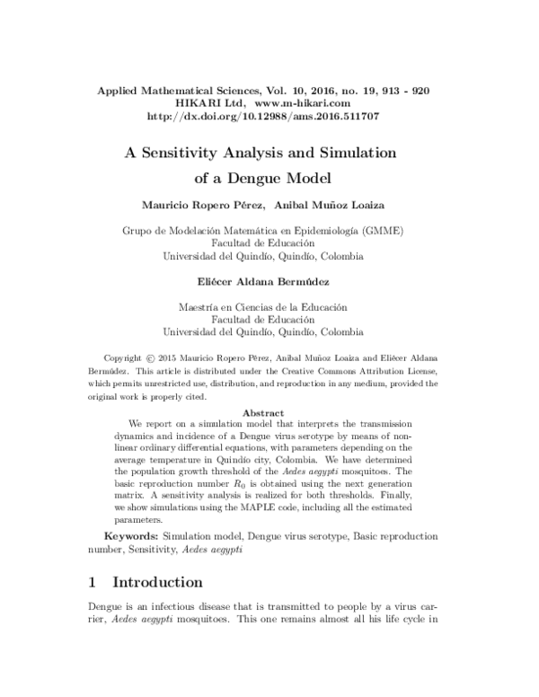 (PDF) A sensitivity analysis and simulation of a Dengue model