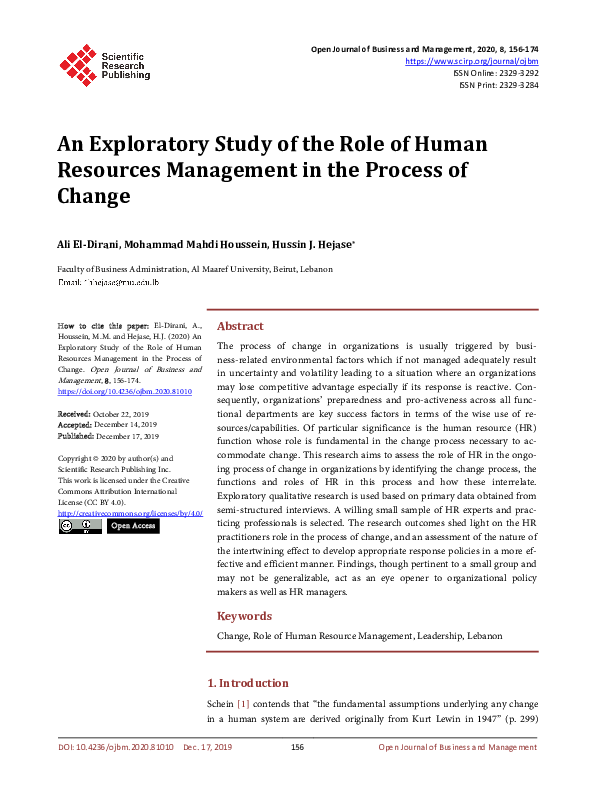(PDF) An Exploratory Study of the Role of Human Resources Management in ...