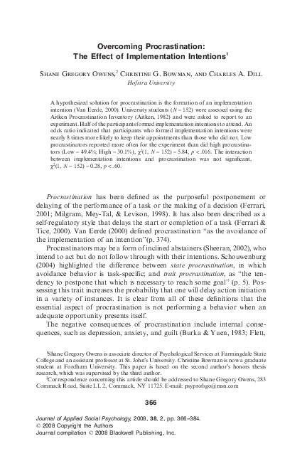 (PDF) Overcoming Procrastination: The Effect of Implementation Intentions1