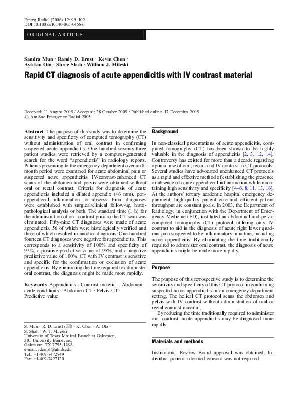 (PDF) Rapid CT diagnosis of acute appendicitis with IV contrast ...