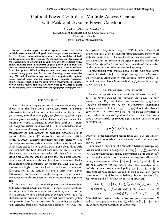 (PDF) Optimal power control for multiple access channel with peak and ...