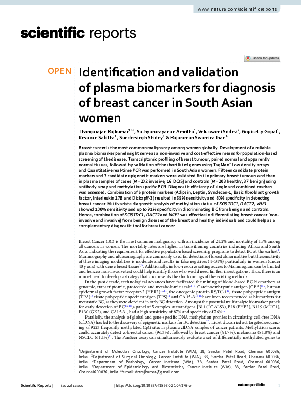(PDF) Identification and validation of plasma biomarkers for diagnosis ...