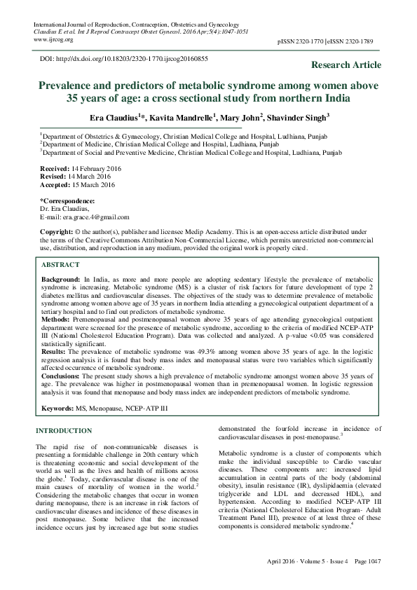 (PDF) Prevalence and predictors of metabolic syndrome among women above ...