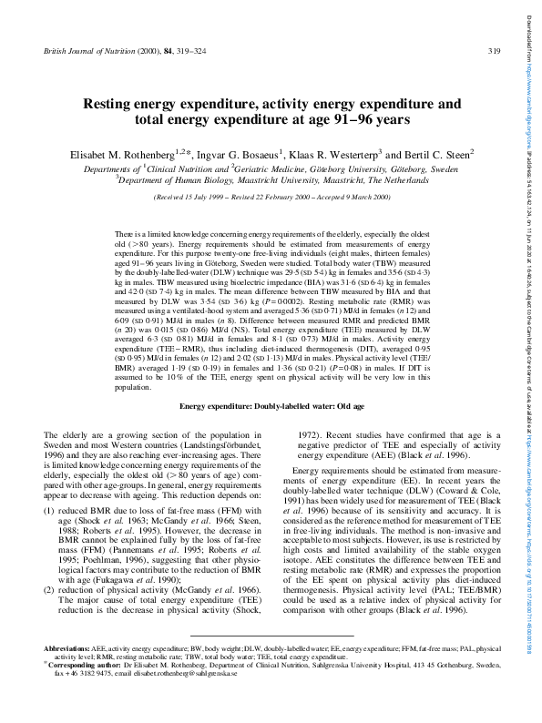(PDF) Resting energy expenditure, activity energy expenditure and total ...