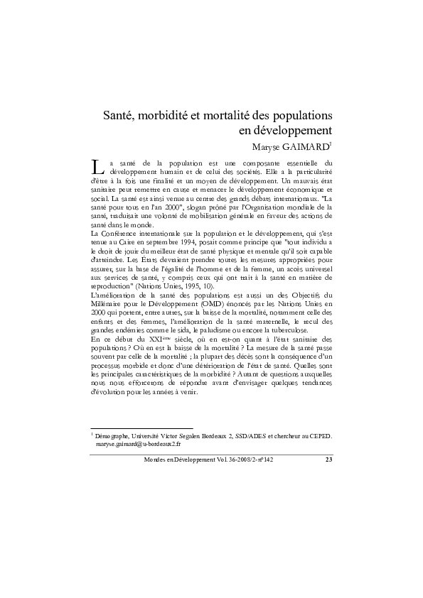 (PDF) Santé, morbidité et mortalité des populations en développement