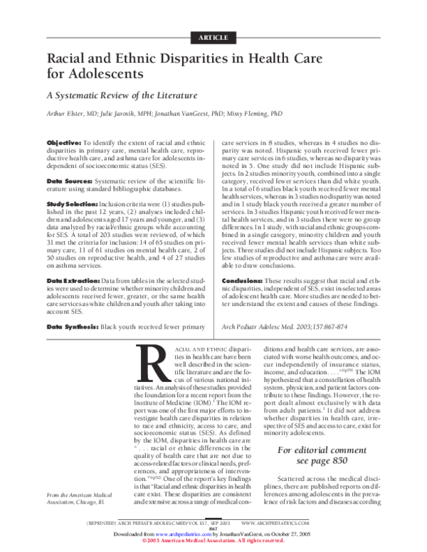 (PDF) Racial and Ethnic Disparities in Health Care for Adolescents A ...