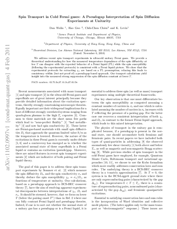 (PDF) Spin transport in cold Fermi gases: A pseudogap interpretation of ...