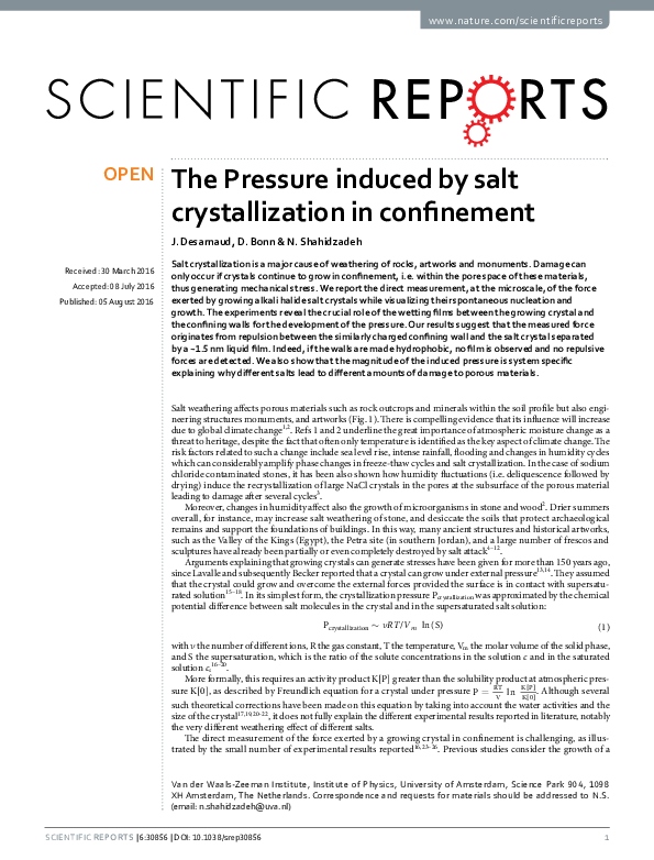 (PDF) The Pressure induced by salt crystallization in confinement