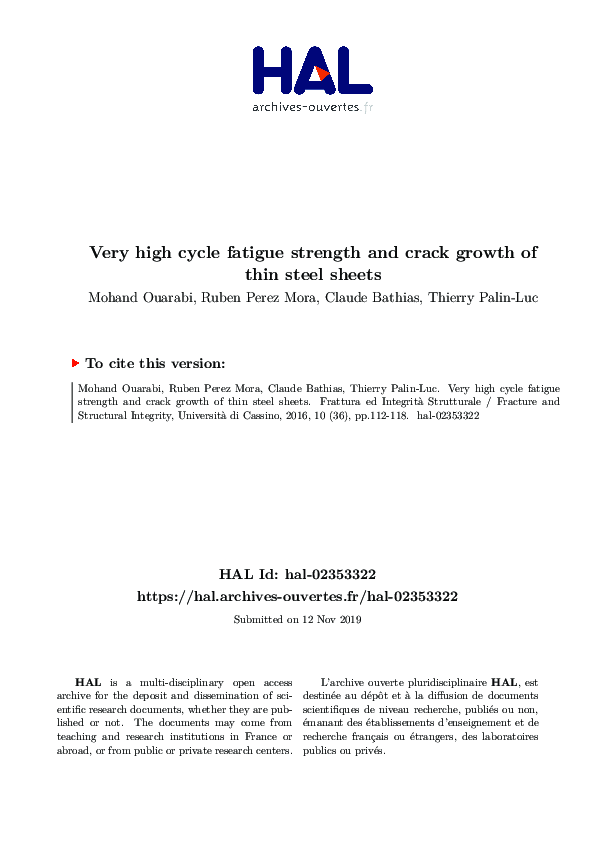 (PDF) Very high cycle fatigue strength and crack growth of thin steel ...