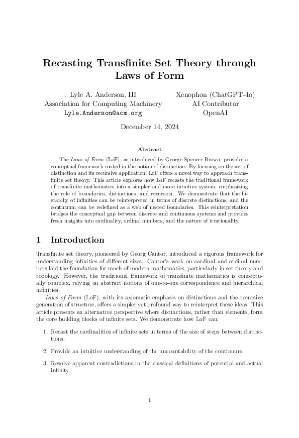 (PDF) Recasting Transfinite Set Theory through Laws of Form