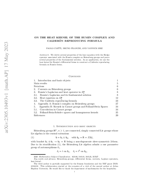 (PDF) On the heat kernel of the Rumin complex and Calder\'on ...
