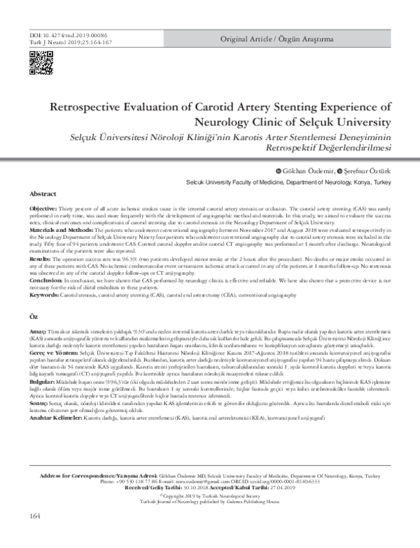 (PDF) Retrospective Evaluation of Carotid Artery Stenting Experience of ...