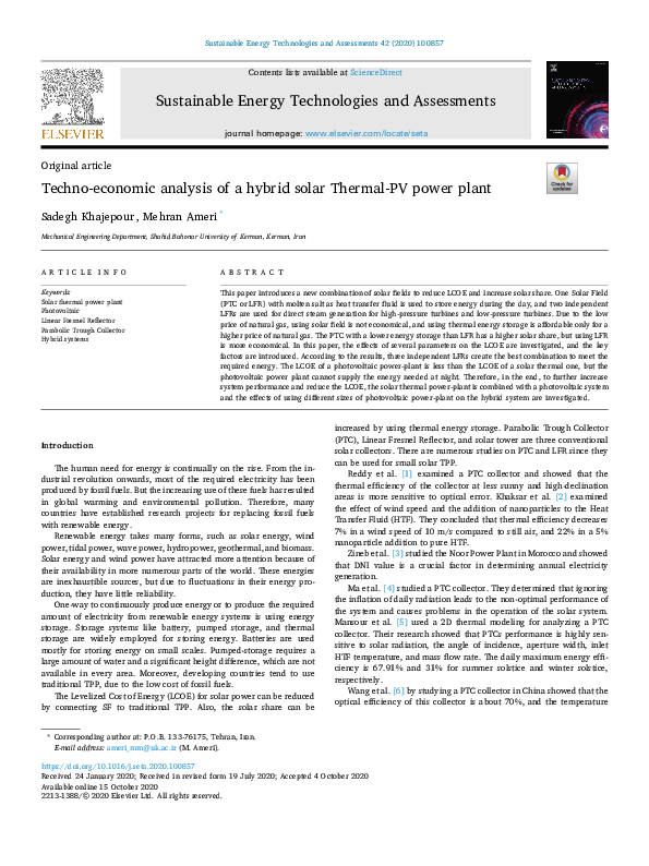 (PDF) Techno-economic analysis of a hybrid solar Thermal-PV power plant