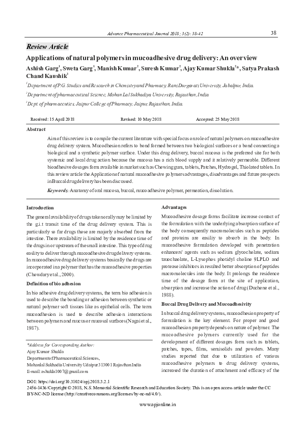 (PDF) Applications of natural polymers in mucoadhesive drug delivery ...