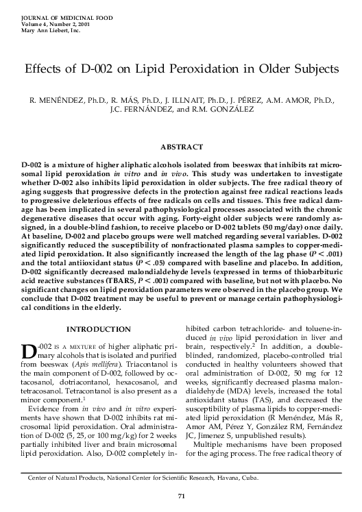 (PDF) Effects of D-002 on Lipid Peroxidation in Older Subjects