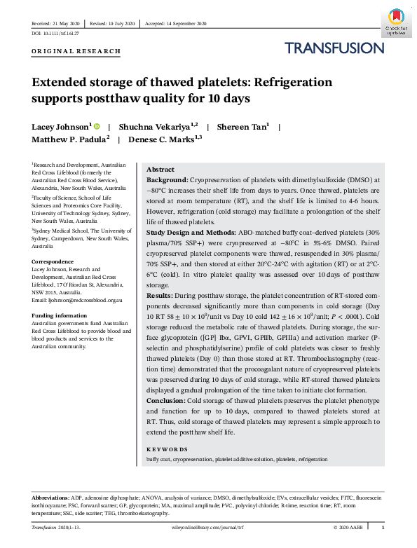 (PDF) Extended storage of thawed platelets: Refrigeration supports ...