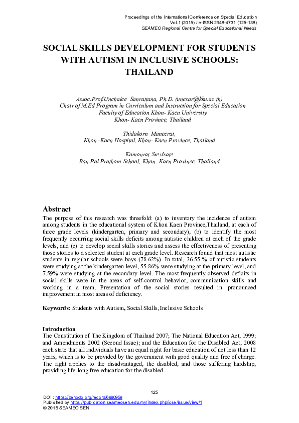(PDF) Social Skills Development for Students with Autism in Inclusive S ...