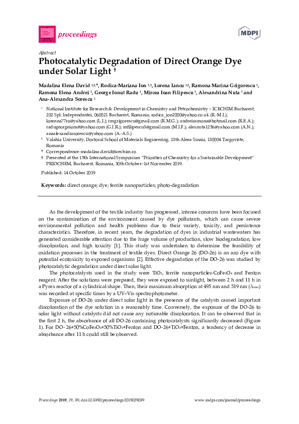 (PDF) Photocatalytic Degradation of Direct Orange Dye under Solar Light