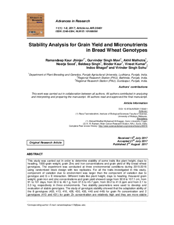 (PDF) Stability Analysis for Grain Yield and Micronutrients in Bread ...