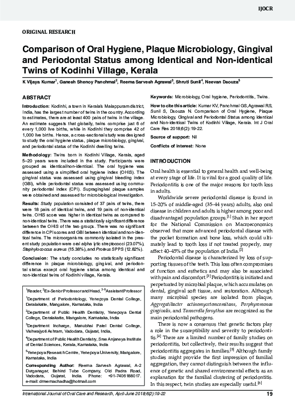 (PDF) Comparison of Oral Hygiene, Plaque Microbiology, Gingival and ...