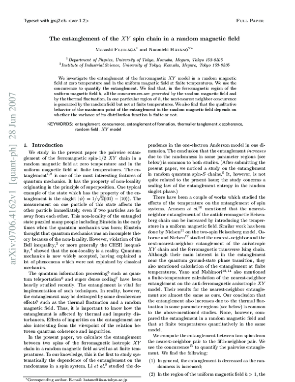 (PDF) The Entanglement of the X Y Spin Chain in a Random Magnetic Field