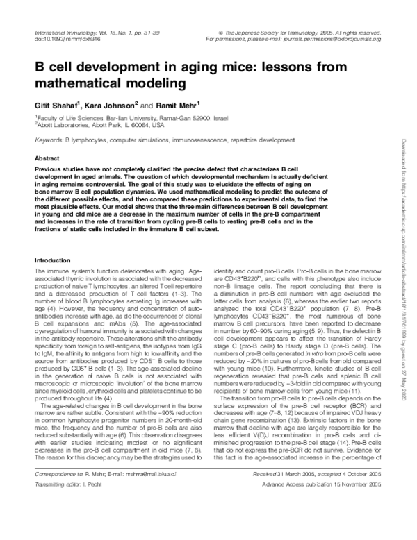 (PDF) B cell development in aging mice: lessons from mathematical modeling