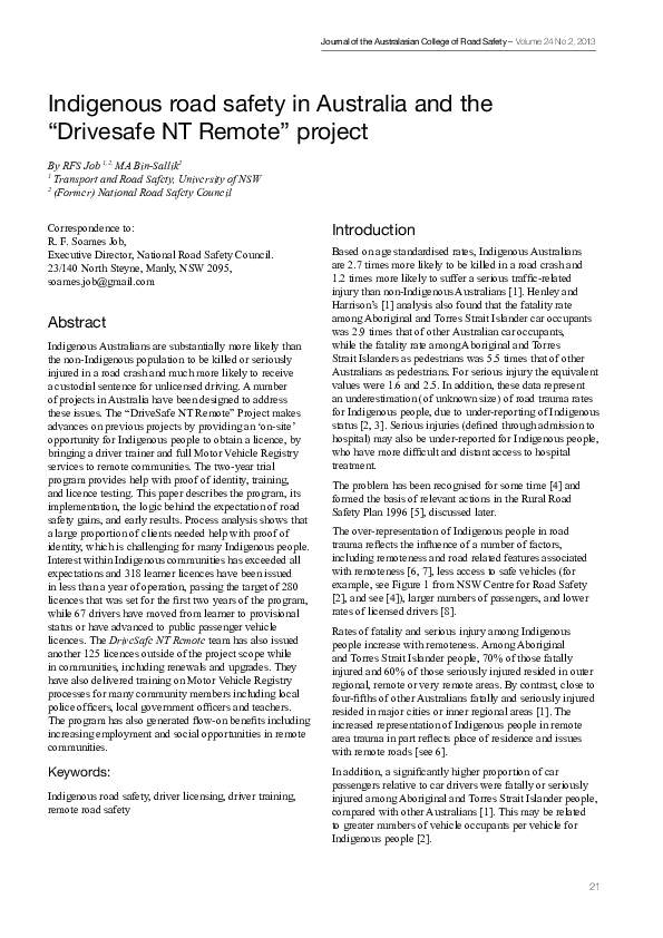 (PDF) Indigenous road safety in Australia and the 