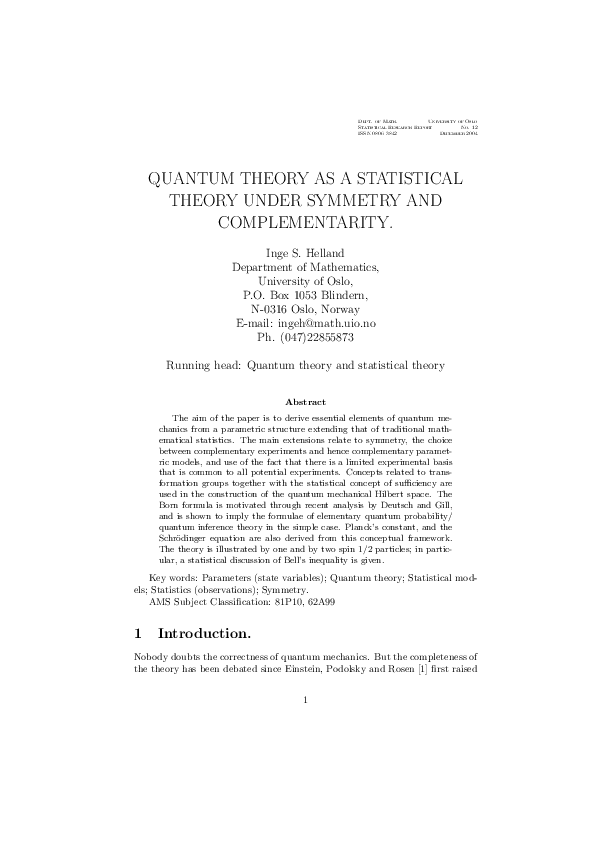(PDF) Quantum Theory as a Statistical Theory under Symmetry and ...